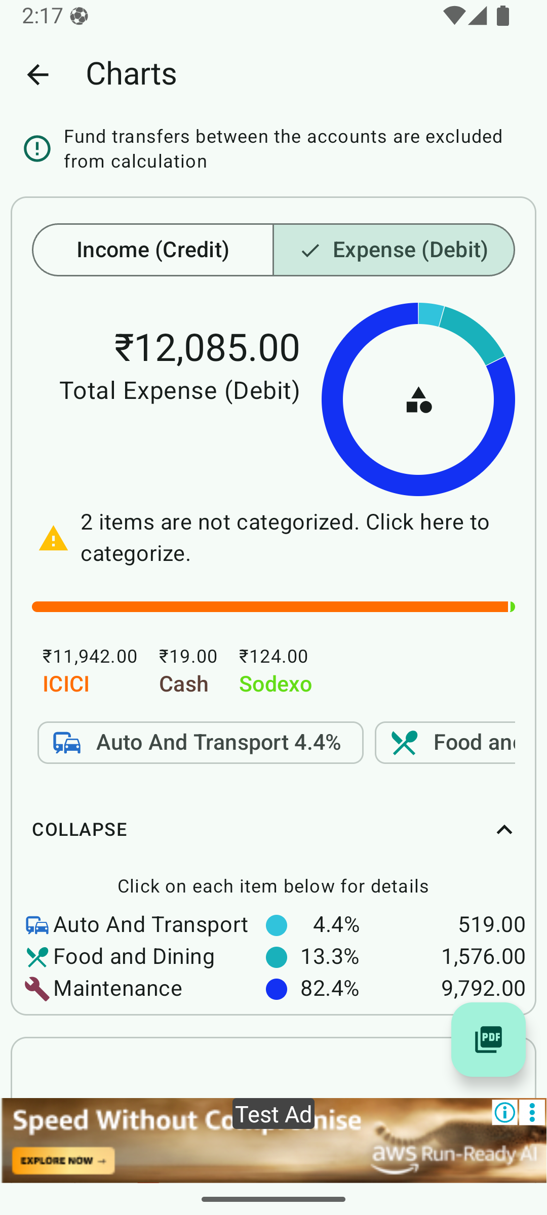 Charts screen showing category breakdown